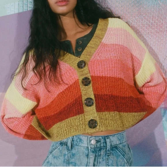 Urban Outfitters Button Up Crop long sleeve sweater vibrant boho oversized SZ S - Picture 1 of 9